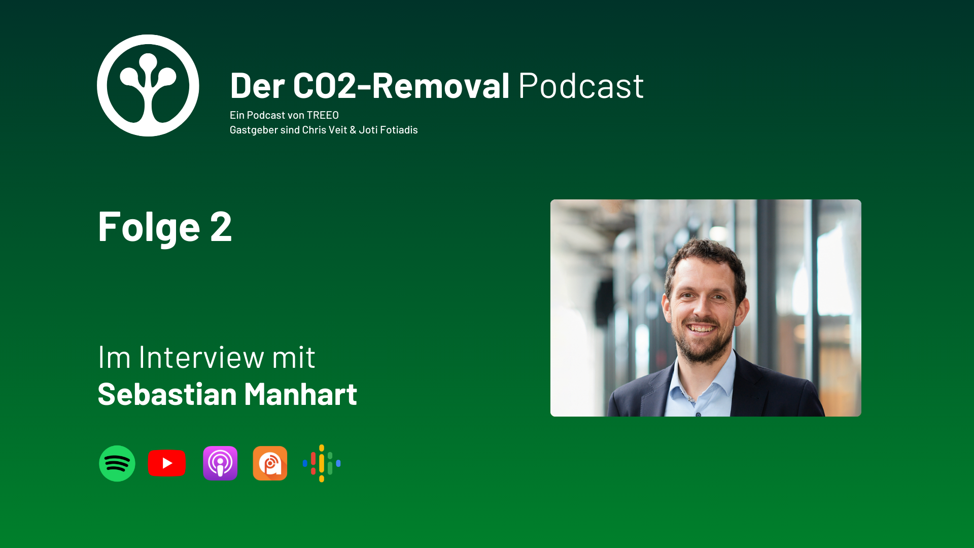 Photo von Sebastian Manhart. Text: Der CO2-Removal Podcast, ein Podcast von TREEO. Folge 2: Im Interview mit Sebastian Manhart.